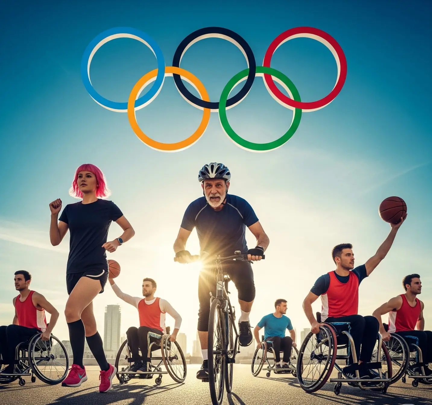 A diverse group of people celebrating International Olympic Day 2025 by participating in various sports.