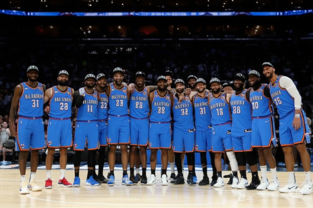 The Oklahoma City Thunder team celebrating their first NBA Championship victory on the court.