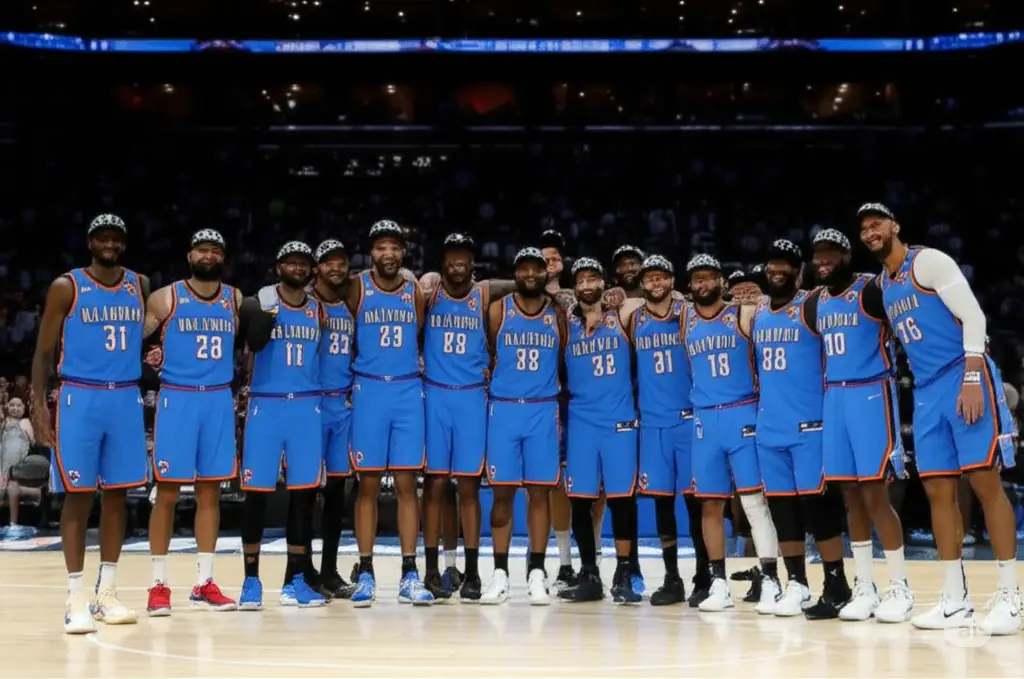 The Oklahoma City Thunder team celebrating their first NBA Championship victory on the court.