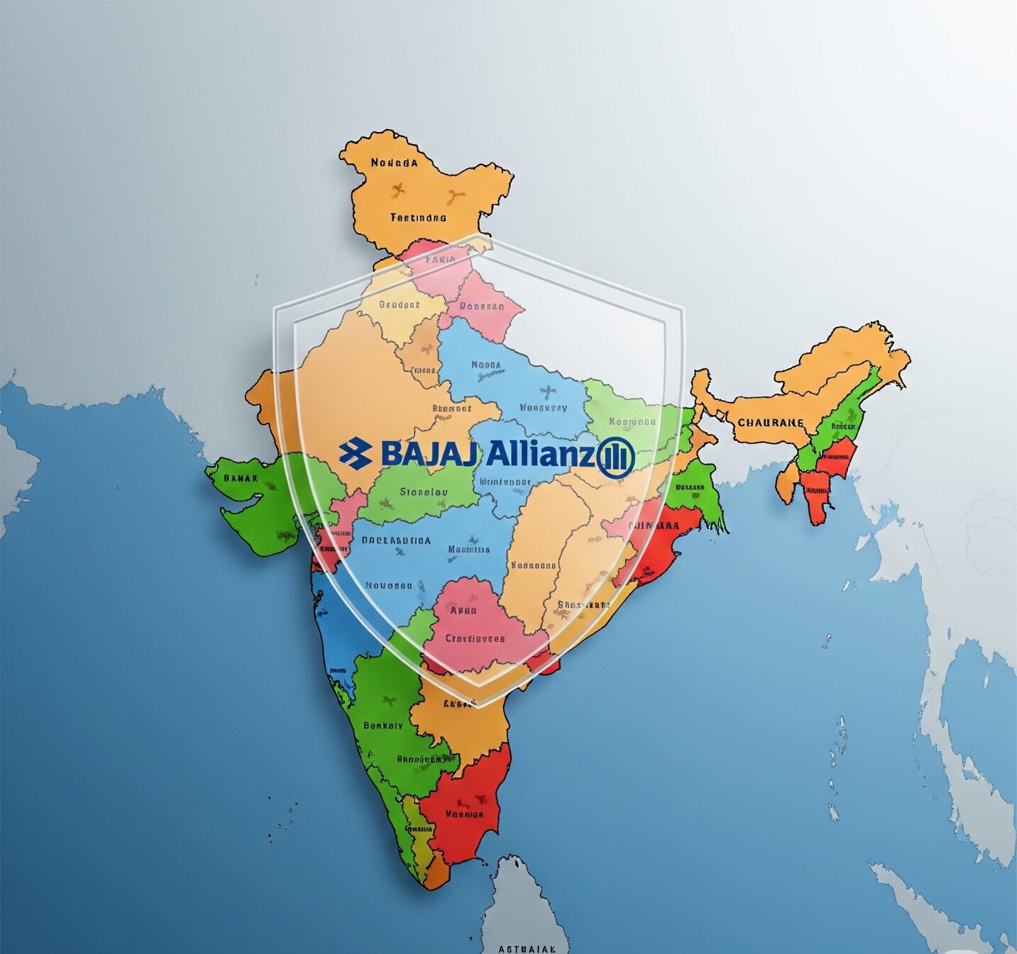 A protective shield with a map of India, symbolizing Bajaj Allianz's new state-specific health insurance plans