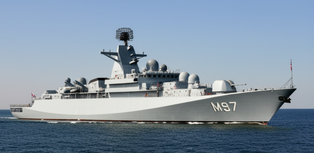 INS Tamal, a multi-role stealth frigate built in Russia, sailing on the sea, prior to its commissioning into the Indian Navy.