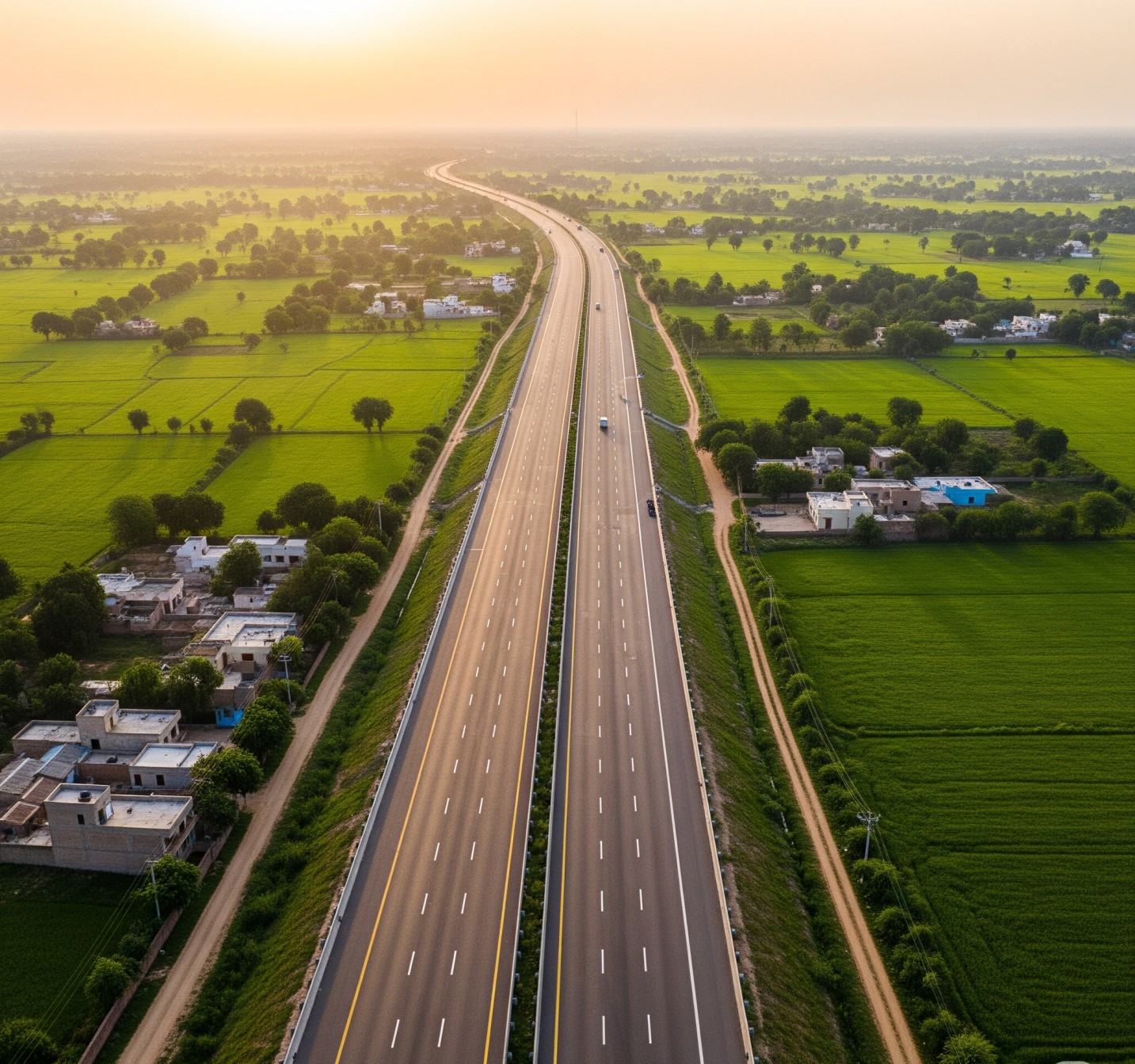 A modern four-lane expressway in Uttar Pradesh, representing the new Gorakhpur Link Expressway.