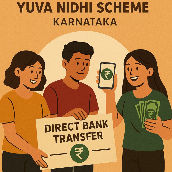 Illustration of Karnataka Yuva Nidhi Scheme showing young beneficiaries receiving financial aid through direct bank transfer