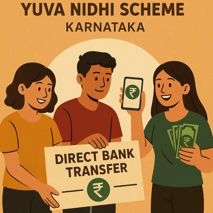 Illustration of Karnataka Yuva Nidhi Scheme showing young beneficiaries receiving financial aid through direct bank transfer