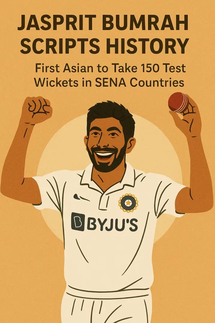 Indian fast bowler Jasprit Bumrah celebrating a wicket during a Test match in a SENA country.