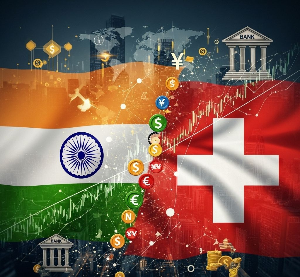 An abstract image showing the Indian and Swiss flags with banking symbols, representing Indian funds in Swiss banks.