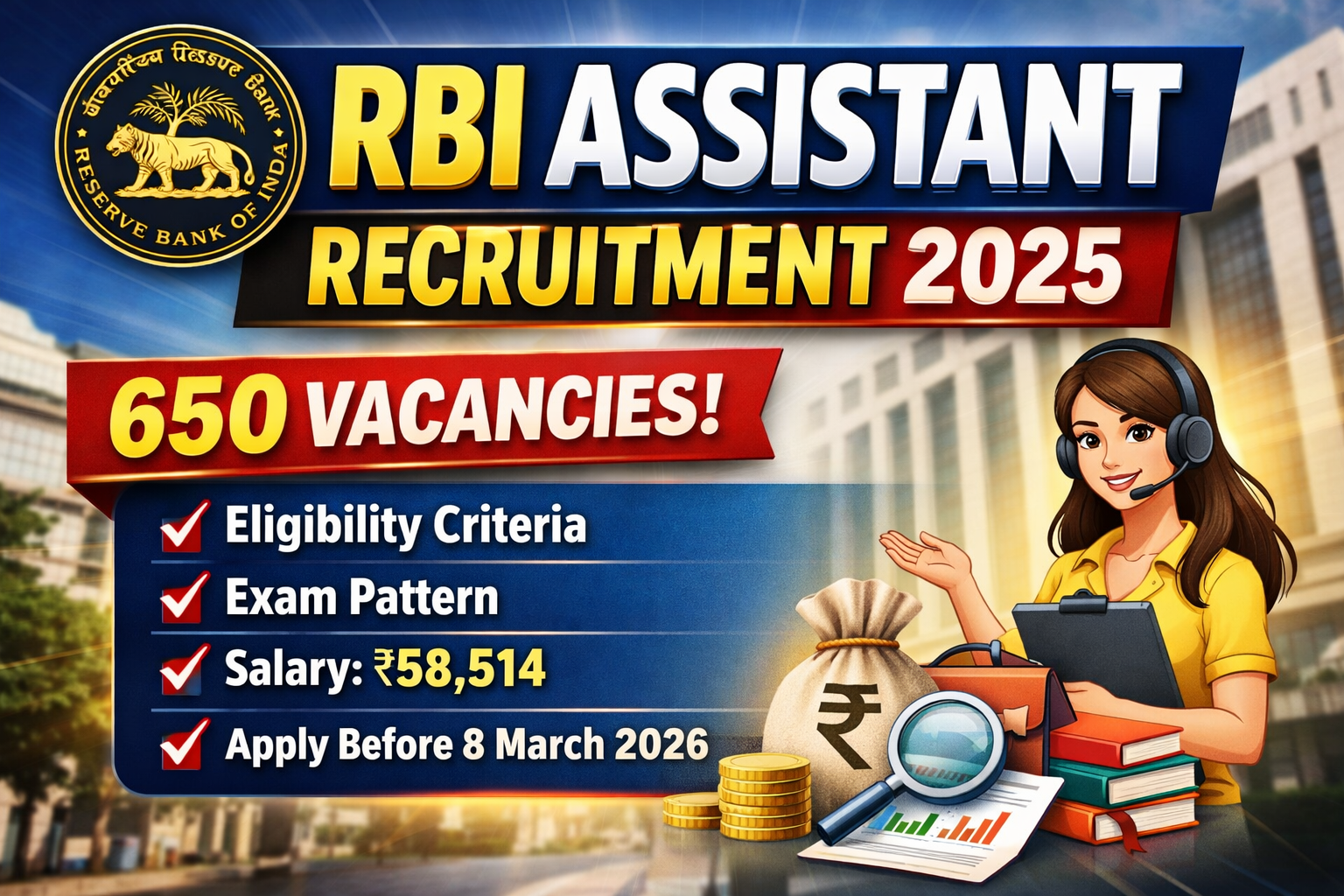 RBI Assistant Recruitment 2025 notification thumbnail showing 650 vacancies, eligibility, exam pattern and salary ₹58,514
